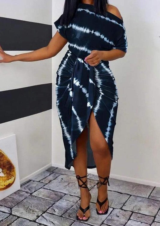 Tie Dye Print Ruched Slit Casual Dress
