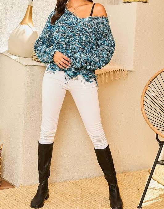 Multi colored frayed sweater